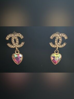 Heart Drop Earrings with Iridescent Pink Stones